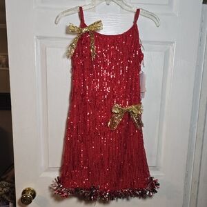 FRED MEYER EYESHADOW L LARGE Sparkling Red Sequin Mini Dress with Gold Bows